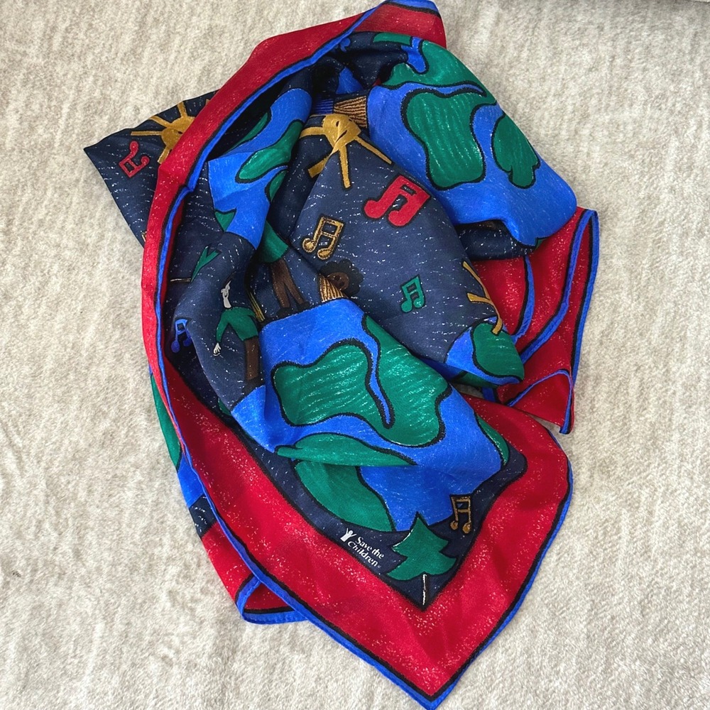 Vintage Save The Children Silk Scarf 30x30 World Music Print Made in Japan